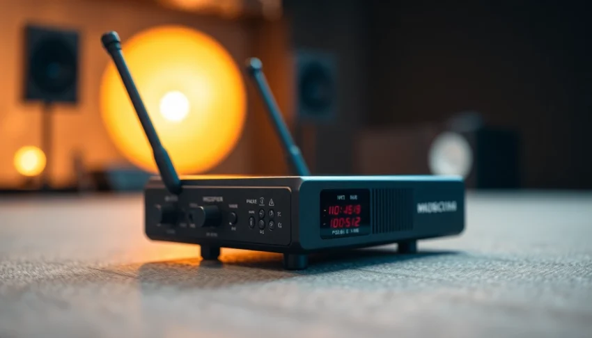PG88 wireless microphone receiver with LED signals in a professional studio setting, showcasing its advanced features and modern design for superior audio quality.