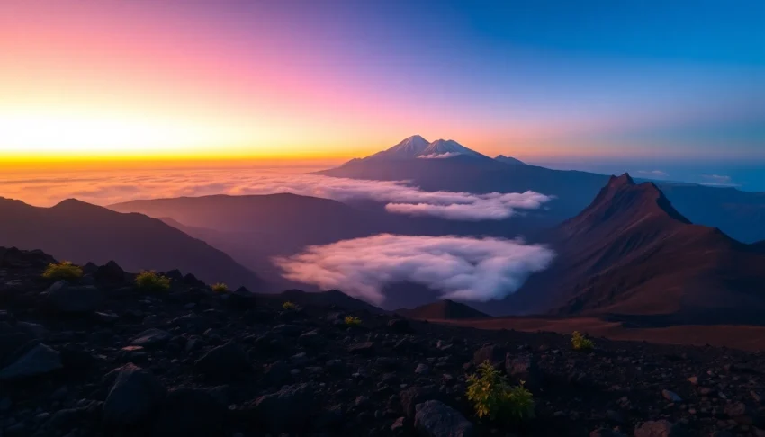 Sunrise view of Mount Rinjani's crater rim with mist and volcanic terrain in Lombok, Indonesia.