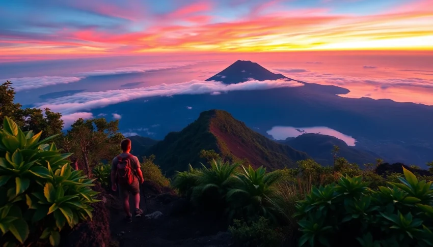 A stunning sunrise over Mount Rinjani with a hiker overlooking lush greenery and volcanic terrain.