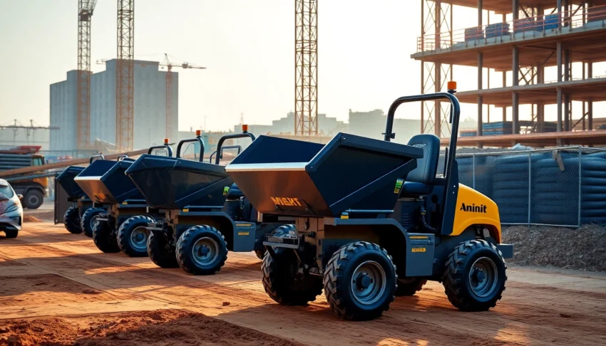 Efficient dumper rental services showcased with mini dumpers moving materials on a construction site, highlighting ease of use and versatility for various projects.