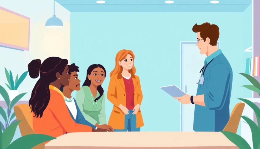 Affordable health insurance: a diverse family compares budget-friendly plans with a friendly agent.