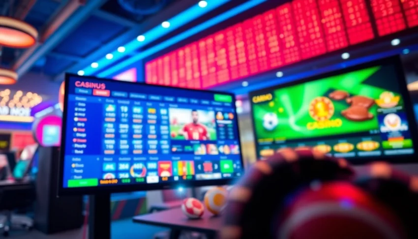 An energetic online sportsbook and casino interface with colorful betting options and live sports visuals.