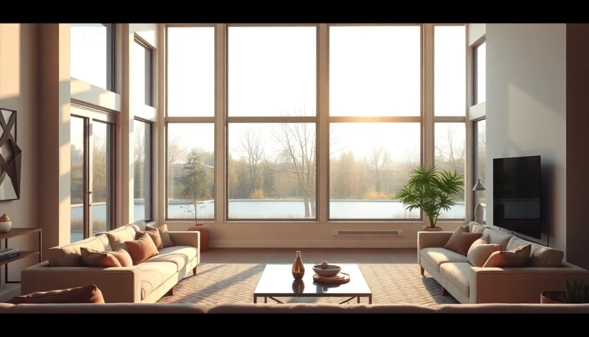 renewal by andersen window replacement: energy-efficient Fibrex frames brighten a living room.