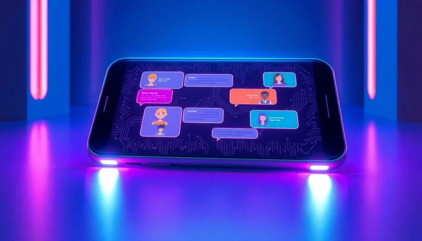 Illustration of a futuristic chatbot interface on a sleek device with colorful chat bubbles and a modern environment.