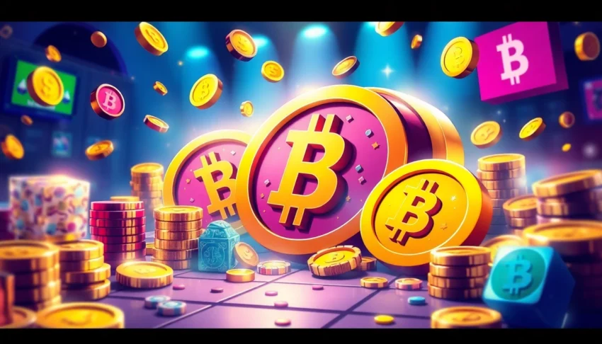 Crypto Meme Coins featured in a vibrant scene combining gambling and blockchain in a dynamic