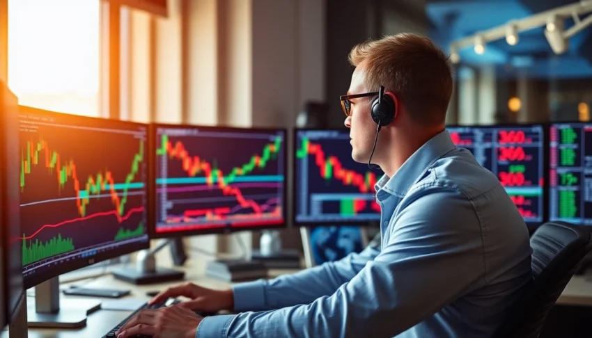 Forex Broker UK Professional trader reviewing live forex trading charts on multiple monitors